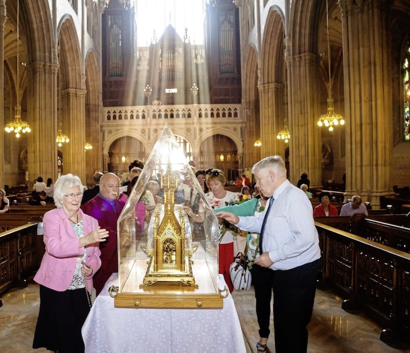 Patricia McArdle, pictured left, and John Campbell at the relics of Saints Louis and Z&eacute;lie Martin and St Th&eacute;r&egrave;se of Lisieux in St Patrick&#39;s Cathedral, Armagh. Picture by www.LiamMcArdle.com 