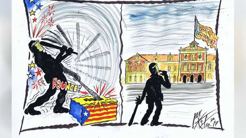 &nbsp;Catalan Crisis.Police violence in the attempted referendum proves counterproductive. Spain's Catalan government making a unilateral declaration of independence by suspending regional parliament. Ian Knox cartoon 07/10/2017