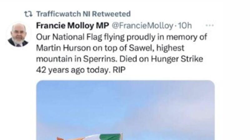 The post by Sinn Féin MP Francie Molloy that was retweeted by the Trafficwatch NI account. 