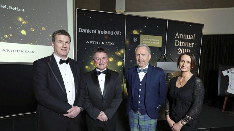 Pictured at the Institute of Directors Northern Ireland (IoD NI) annual dinner are: Dale Guest, director corporate banking Northern Ireland at main sponsor, Bank of Ireland UK; Gordon Milligan, IoD NI chairman; guest speaker Martin McCourt, chairman of Glen Dimplex; and Catriona Gibson, managing partner of associate sponsor, Arthur Cox. 