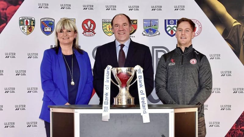 Tyrone joint manager Feargal Logan, Player of the Year Kieran McGeary and Bank of Ireland&#39;s Geraldine O&#39;Hagan at last night&#39;s Dr McKenna Cup launch in the Armagh City Hotel 