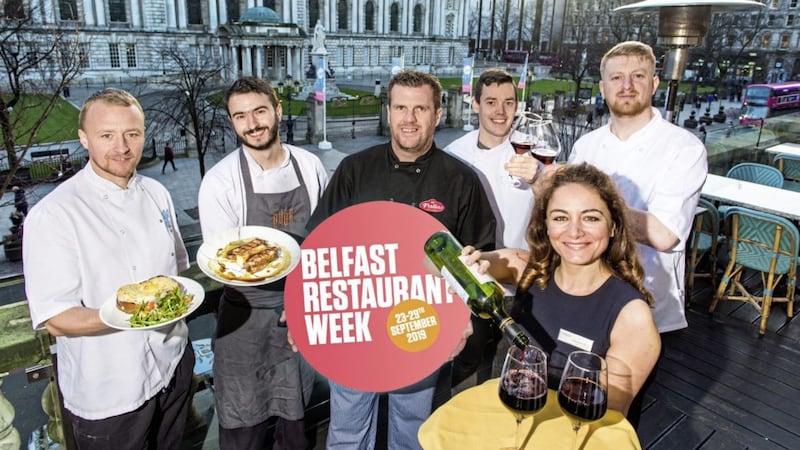 Announcing the return of Belfast Food Week in September are (from left) John Paul Leake, The Merchant; Jonnie Roland, Buba; Rick Orr, Northern Whig; Stephen Ferris, Coppi; Andrew McConnell, Malmaison; and Georgiana Briota, Caf&eacute; Parisien 