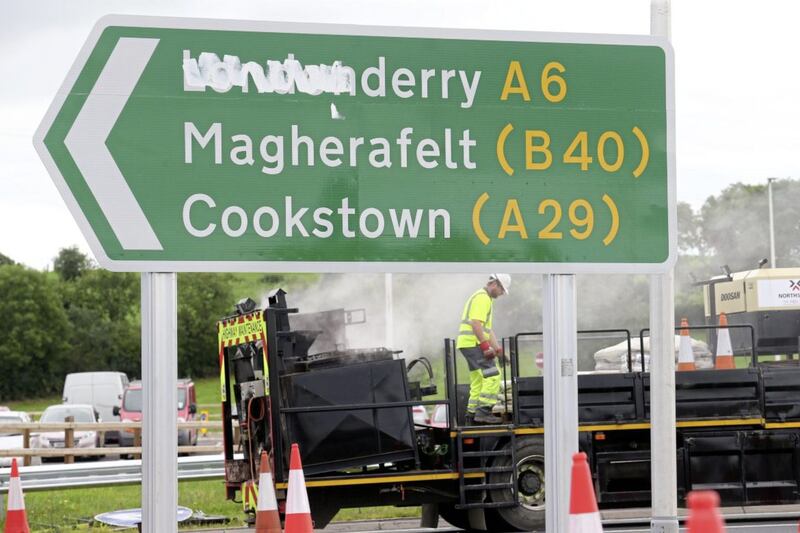 Signage on the new A6 road at Toome has been defaced. Picture by Mal McCann. 