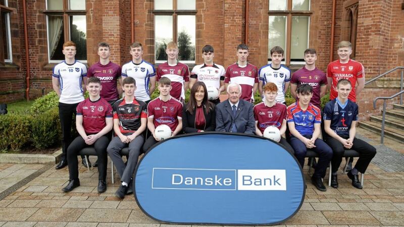 Aisling Press, Head of Branch Banking at Danske Bank and Jimmy Smith, Chairman of the Ulster Schools GAA pictured with the 2017/18 Danske Bank Ulster Schools Football All Stars. Photo by Kelvin Boyes / Press Eye  