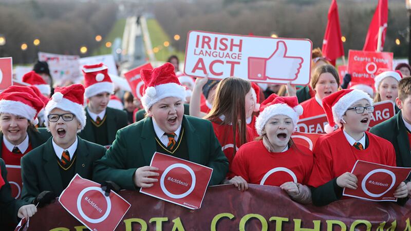 Campaigners for an Irish Language act protest outside Parliament Buildings as talks to restore the Northern Ireland Powersharing executive began at Stormont in Belfast. Picture by Niall Carson/PA Wire&nbsp;