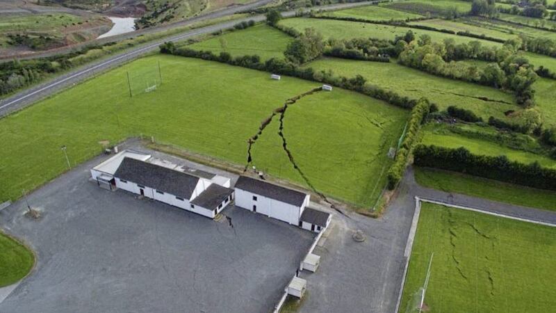 A sinkhole has split a GAA pitch in Co Monaghan. Picture from Twitter 
