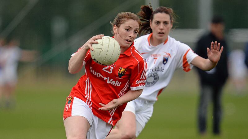 Cork's Rhona Ni Bhuachalla gets away from Armagh's Mairead Tennyson during Sunday's Lidl National Ladies' Football League clash at Abbotstown<br />Picture by Sportsfile &nbsp;