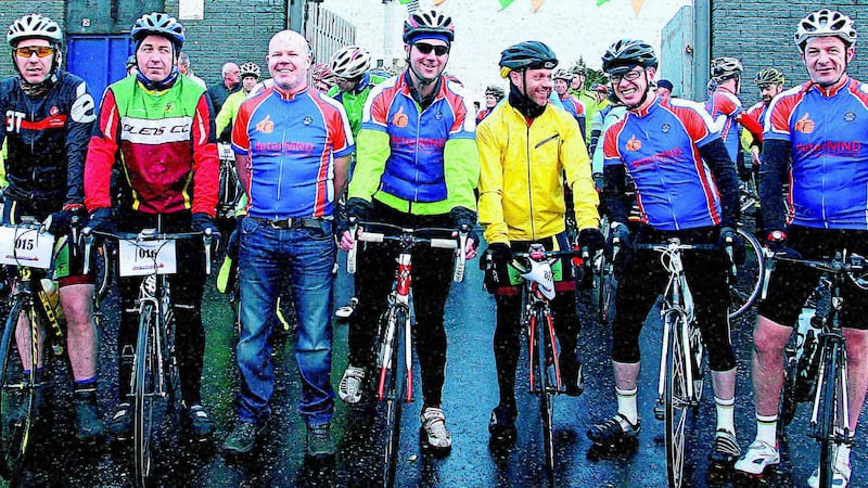 Anto Finnegan, third from left, at the start of the DeterMND cycle from Belfast to Croke Park in Dublin&nbsp;