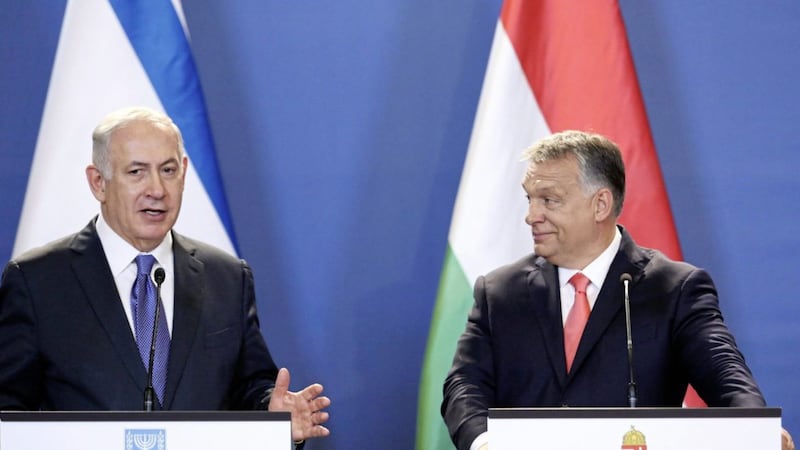 Staying on a four-day official visit in Hungary, Israeli prime minister Benjamin Netanyahu, left, speaks during his joint press conference with his Hungarian counterpart Viktor Orban, right, in the Parliament building in Budapest, Hungary, on Tuesday. Picture by Balazs Mohai/MTI via Associated Press. 