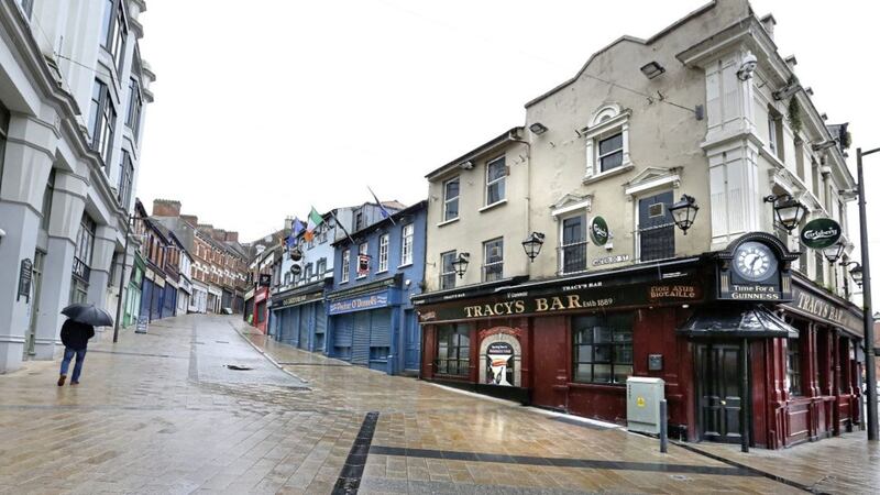The scene on the deserted Waterloo Street in Derry city on St Patrick&#39;s Day. Picture by Margaret McLaughlin 