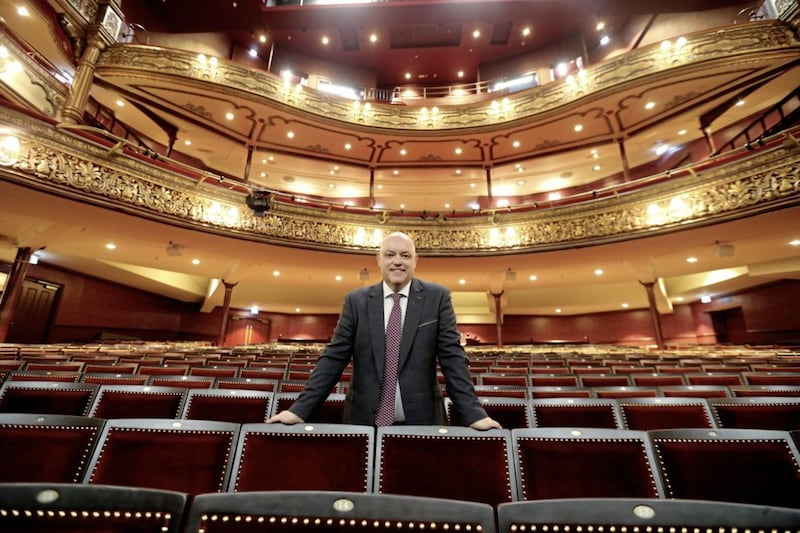Ian Wilson, chief executive of the Grand Opera House, on the stage of the refurbished theatre as it prepares to open for tours next month. Picture by Hugh Russell 