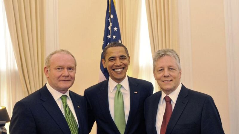 President Barack Obama pictured with former First Minister Peter Robinson and former Deputy First Minister Martin McGuinness at the St Patrick&#39;s Day reception in White House. Picture by John Harrison 