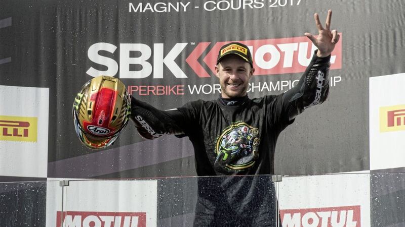 Jonathan Rea celebrates after racing to his third Superbike World Championship title on the trot at Magny Cours, France yesterday 