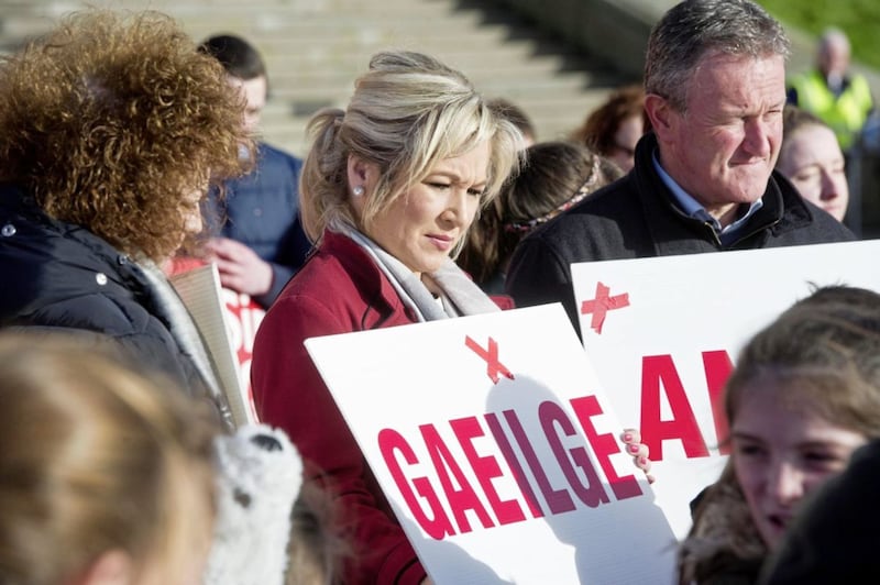 A crowd mostly made up of young school children attend an Irish Language protest at Stomront in east Belfast regarding the  Irish language act not being put through the Northern Ireland Assembly. Pictured are Car&Atilde;&iexcl;l N&Atilde;&shy; Chuil&Atilde;&shy;n, Michelle O&#39;Neill and Conor Murphy. Picture Mark Marlow. 