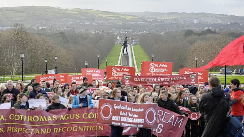 A crowd mostly made up of young school children attend an Irish Language protest at Stormont&nbsp;in east Belfast regarding the  Irish language act not being put through the Northern Ireland Assembly.  Picture Mark Marlow.