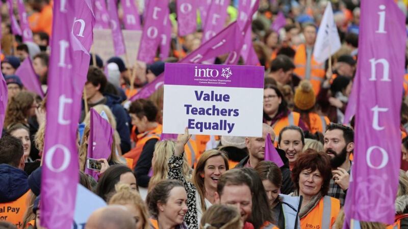Members the INTO protest for equal pay for newly qualified teachers in 2016 