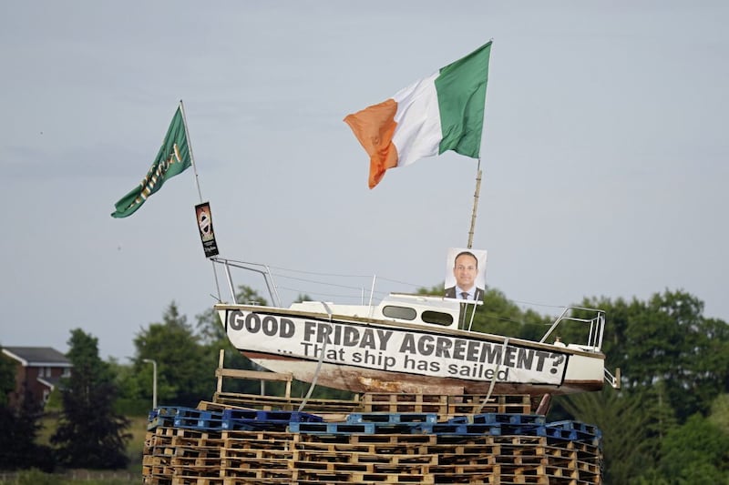 A tricolour, picture of Taoiseach Leo Varadkar and a banner that read &quot;Good Friday Agreement? That ship has sailed&#39; were placed on a boat atop a bonfire in Moygashel, Co Tyrone before it was set alight. Picture by Niall Carson/PA Wire 