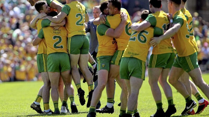 Donegal players celebrate winning the Ulster SFC Final against Fermanagh in June. Pic Seamus Loughran 