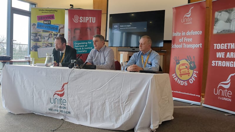 Trade union leaders held a press conference on Thursday. GMB's Peter Macklin, SIPTU regional organiser Niall McNally and Davy Thompson, of Unite