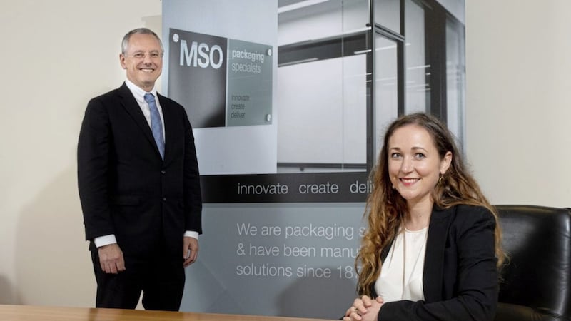 MSO Cleland&#39;s managing director, Joanna Calixto (right) with Invest NI boss Kevin Holland. 