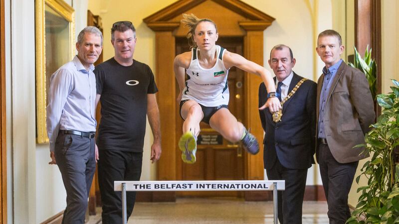 Newcastle AC athlete Kerry O&rsquo;Flaherty joined Gary Keenan, President of Athletics Northern Ireland; Councillor Arder Carson, Lord Mayor of Belfast; Eamonn Christie, Beechmount Harriers; and co-founder of the Irish Milers Club, Brendan Hackett to launch the 2016 Belfast International