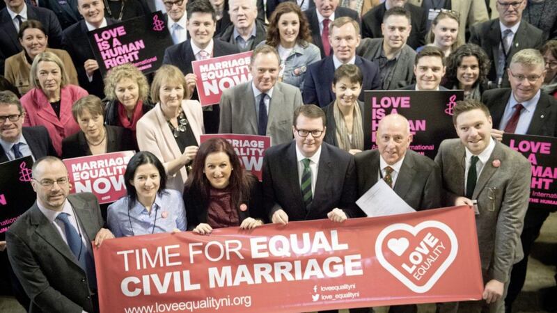 Conor McGinn, front row centre with glasses, with organisations seeking to extend same-sex marriage to Northern Ireland, ahead of 10-Minute Rule Bill in the Commons in March 