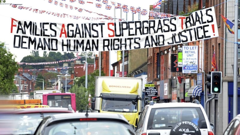 A huge anti-supergrass banner on the lower Newtownards Road in east Belfast in 2011. Picture by Alan Lewis, Photopress 