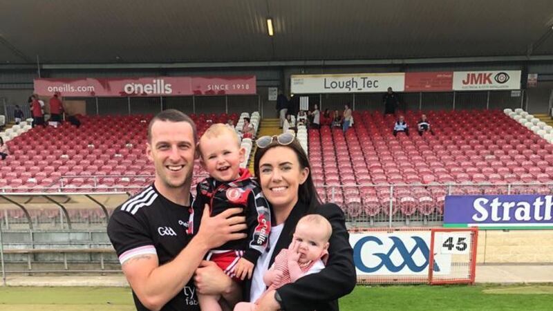 Tyrone goalkeeper Niall Morgan with his wife and children. The Edendork man has been selected as 2021 Football Personality of the Year by the Gaelic Writers' Association, in conjunction with Wilson Hartnell PR.&nbsp;