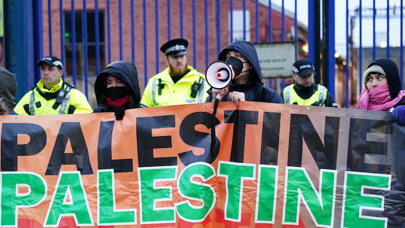 Protesters form a blockade outside BAE Systems in Govan near Glasgow, as part of the ongoing campaign against sending arms to Israel (Jane Barlow/PA)