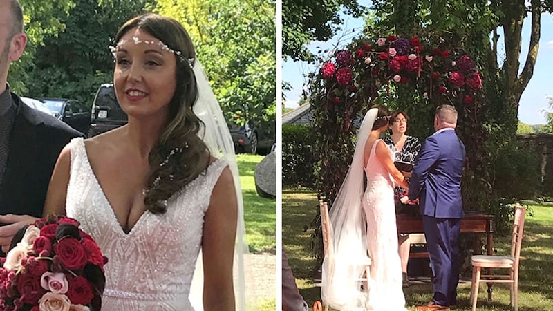 Bride Zoe Holohan on her wedding day in Co Meath and (right) with groom Brian O'Callaghan-Westropp