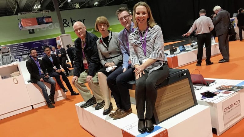 The new stellar bench by Environmental Street Furniture won Product of the Show at Innovate 2017 in Birmingham. Pictured (from left) are Mike Mynard, business development manager of ESF, Dr Ruth McKernan, head of Innovate UK, Gareth Russell, sales/solar specialist at ESF and Lorraine Acheson, NI manager of Innovate UK 