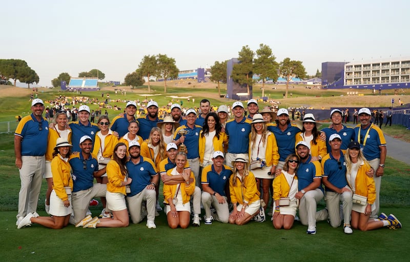 The European team, along with their wives and partners, celebrate after Europe regained the Ryder Cup following victory over the USA on day three of the 44th Ryder Cup at the Marco Simone Golf and Country Club, Rome, Italy on Sunday October 1, 2023. Picture by David Davies, PA. 
