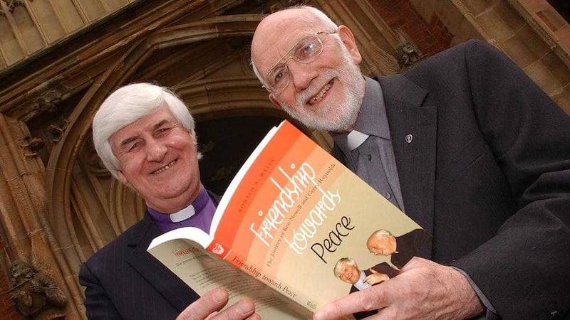 Presbyterian minister Rev Ken Newell with Fr Gerry Reynolds at the launch of the book Friendship Towards Peace, about their work together on the Clonard-Fitzroy Fellowship. Picture by Arthur Allison 