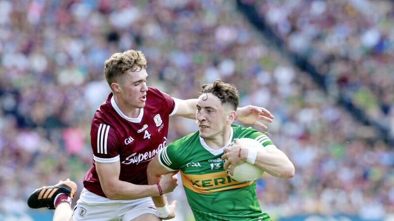 Paudie Clifford and Galway&#39;s Jack Glynn battle it out at Croke Park. Pic Philip Walsh. 