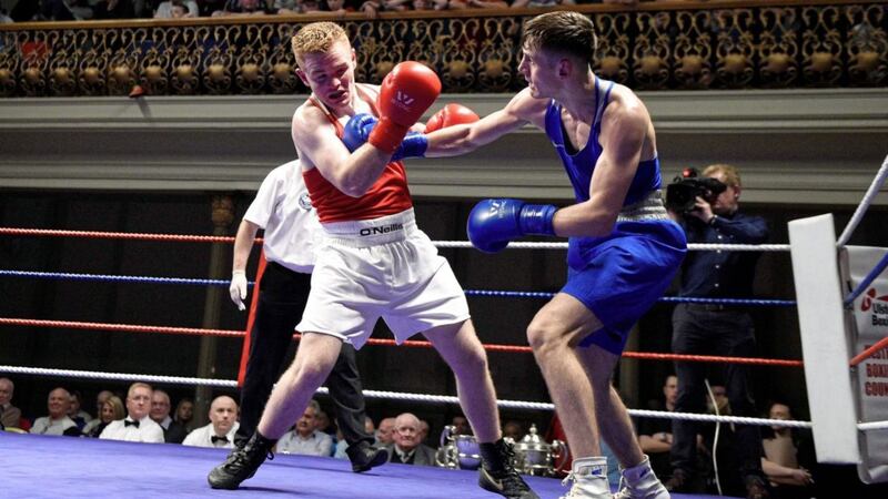 Aidan Walsh, pictured en route to defeating Brett McGinty in the 2017 Ulster elite final, is currently preparing for the World elite championships in Russia, which take place next month. Picture by Mark Marlow 