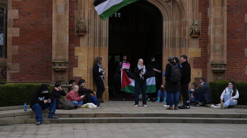 Members of the Queen’s University Belfast Palestine Assembly hold a ‘sit in’