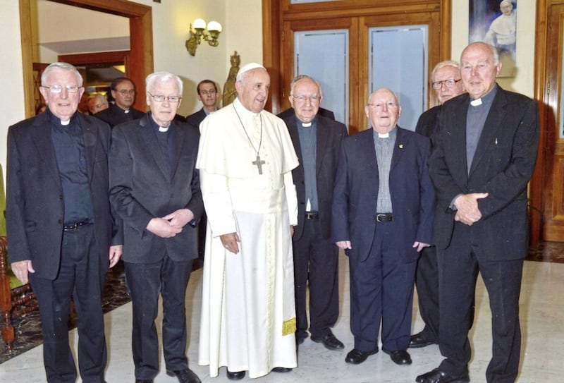 Pictured, left to right, after celebrating Mass with Pope Francis are Fr Kevin McMullan, Fr Brian McCluskey, Fr Philip O&#39;Connell, Fr Brian Twomey, Fr James Kelly and Fr Ambrose Macaulay 