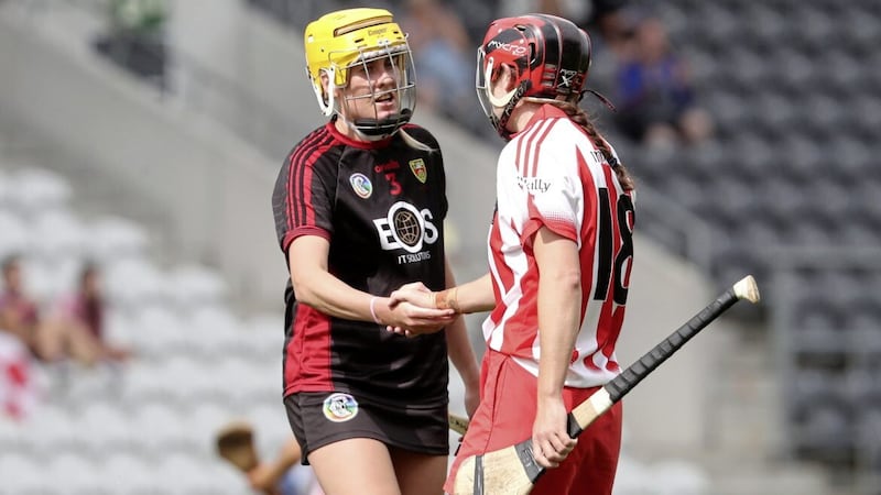 Down&#39;s Dearbhla Magee and Katrina Mackey of Cork after the Glen Dimplex All-Ireland Senior Camogie Championship Group Three game in June Picture: Bryan Keane/Inpho 