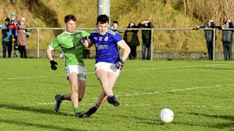 Galbally&#39;s Ronan Nugents slots home one of this three goals in the Tyrone club&#39;s All-Ireland Club IFC semi-final win over Dunmore MacHales of Galway. The Pearses and Stewartstown Harps will carry the hopes of the O&#39;Neill county in Sunday&#39;s intermediate and junior finals at Croke Park 		Picture: Fergal Kelly 