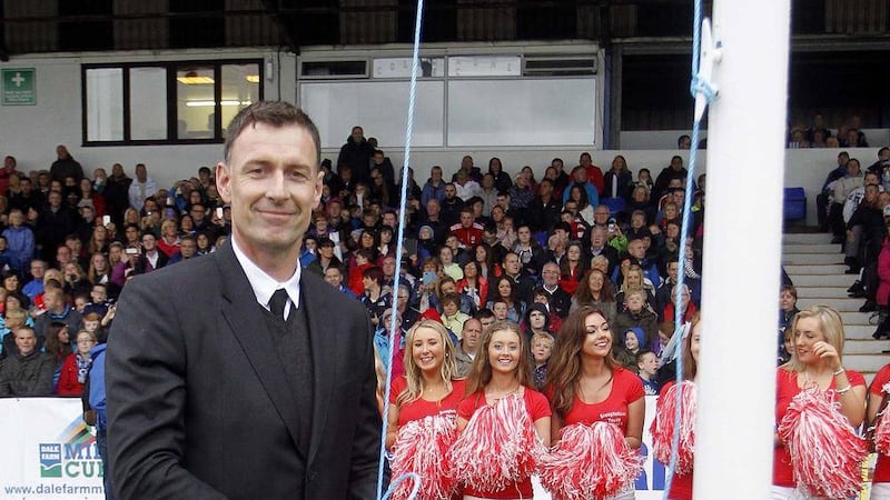 Chris Sutton taking part in the Dale Farm Milk Cup Opening Ceremony and Parade in Coleraine yesterday