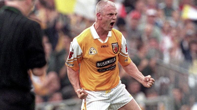 Shenny McQuillan celebrates scoring a penalty for Antrim in the 2000 Ulster SFC semi-final replay against Derry, but the boat had been missed in the drawn game when the Saffrons came from eight points down to draw. The day is best remembered for Anthony Tohill pulling McQuillan&#39;s last-gasp free down from above the bar. Picture by Lorraine O&#39;Sullivan / INPHO 