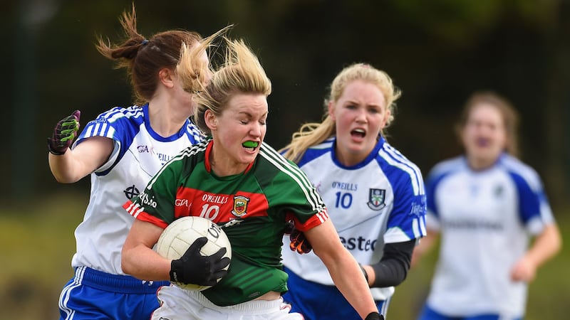 Fiona McHale of Mayo in action against Hazel Kingham of Monaghan during the Lidl Ladies Football National League Division 1 Round 5 match at Swinford Amenity Park in Kiltimagh Road, Swinford, Co. Mayo on April 8 2018. Picture: E&oacute;in Noonan/Sportsfile&nbsp;