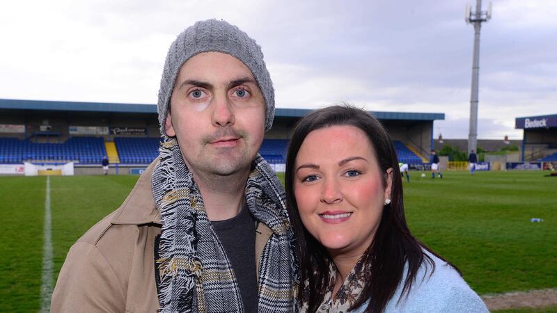 Mark Farren with his&nbsp;wife Terri-Louise in May 2015 at the Glenavon and Derry City legend's game in Lurgan