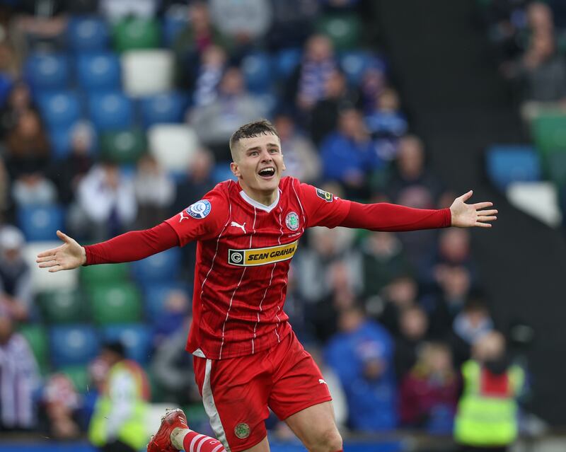 Cliftonville Ronan Hale  celebrates his goal     In todays   game  in Windsor Pk Belfast Cliftonville v Linfield in the Clearer Water irish Cup Final  4/5\/24  Pacemaker Press