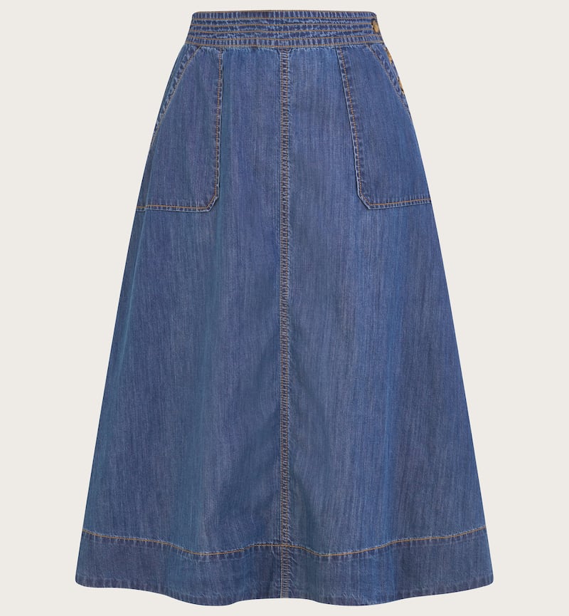 Monsoon Pull on Denim Midi Skirt in Sustainable Cotton Blue