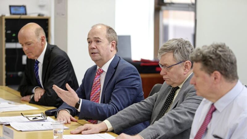 Senior health officials attended the COVID-19 media briefing at The Public Health Agency yesterday: (L-R) Dr Sloan Harper, Dr Michael Mc Bride, Chief Medical Officer, Dr Gerry Waldron and Consultant Virologist Dr Conall McCaughey. Picture by Mal McCann. 