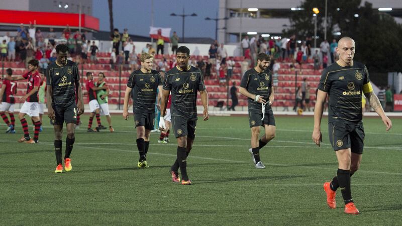 Celtic's players trudge off the pitch after last week's defeat to Lincoln Red Imps in Gibraltar 