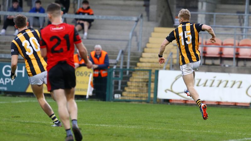 Cian McConville celebrates after his late goal in Crossmaglen's Armagh SFC semi-final win over Madden at the Athletic Grounds
