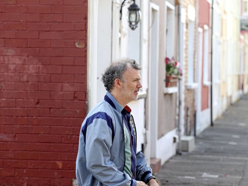 Comedian Tommy Tiernan on the set of  a new sitcom in Forest and Fort street in west Belfast for Channel 4 called Derry Girls, set in Derry in the 1990s. Picture by Mal McCann