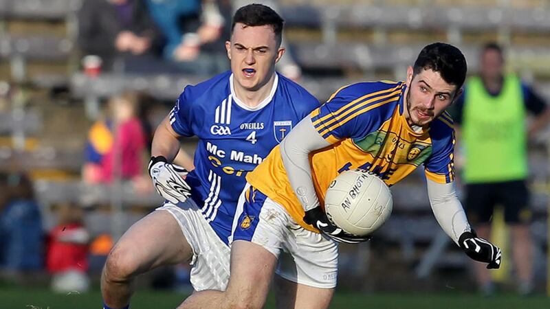 Kilcar&rsquo;s Ryan McHugh steals a march on Sean Mohan of Scotstown during yesterday&rsquo;s Ulster Club SFC quarter-final at St Tiernach&rsquo;s Park&nbsp;